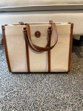 Tory Burch Beige Canvas Tote with Brown Leather Trim